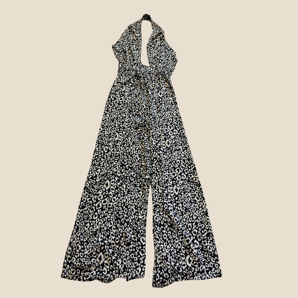 Nasty Gal Womens Leopard Print Halter Wide Leg Jumpsuit Black White Size 6 - Picture 2 of 8